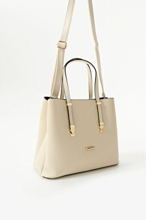 Kadın Uzun Askılı 4 Bölmeli Gold Aksesuarlı Sade Şık Krem Renkli Omuz Ve El Çantası