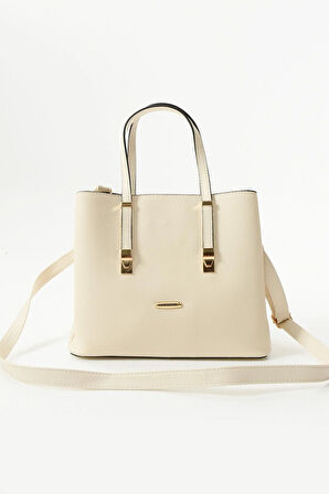 Kadın Uzun Askılı 4 Bölmeli Gold Aksesuarlı Sade Şık Krem Renkli Omuz Ve El Çantası