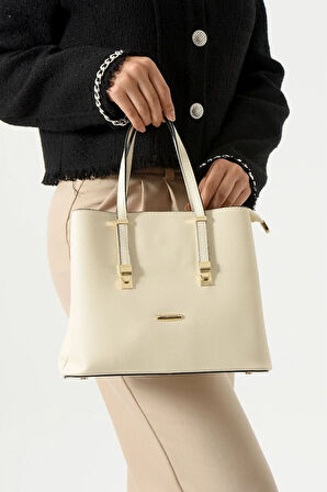 Kadın Uzun Askılı 4 Bölmeli Gold Aksesuarlı Sade Şık Krem Renkli Omuz Ve El Çantası