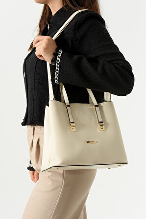 Kadın Uzun Askılı 4 Bölmeli Gold Aksesuarlı Sade Şık Krem Renkli Omuz Ve El Çantası