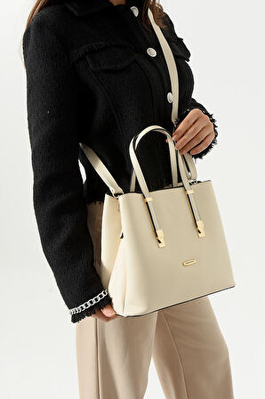 Kadın Uzun Askılı 4 Bölmeli Gold Aksesuarlı Sade Şık Krem Renkli Omuz Ve El Çantası