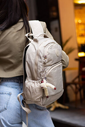 Unisex Suya Dayanıklı Kumaş Laptop Bölmeli 3 Gözlü Krem Okul Seyahat Sırt Çantası
