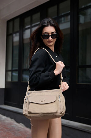 Kadın Suya Dayanıklı Krinkıl Kumaş Çok Gözlü Ayarlanabilir Çapraz Askılı Bej Renkli Omuz Çantası