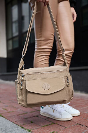 Kadın Suya Dayanıklı Krinkıl Kumaş Çok Gözlü Ayarlanabilir Çapraz Askılı Bej Renkli Omuz Çantası