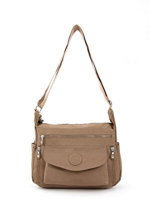 Kadın Suya Dayanıklı Krinkıl Kumaş Çok Gözlü Ayarlanabilir Çapraz Askılı Bej Renkli Omuz Çantası