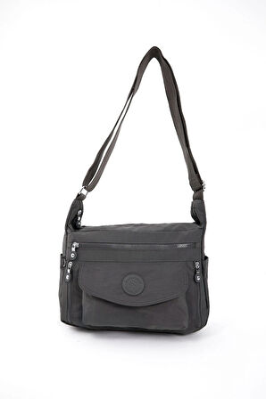 Kadın Suya Dayanıklı Krinkıl Kumaş Çok Gözlü Ayarlanabilir Çapraz Askılı Koyu Gri Omuz Çantası