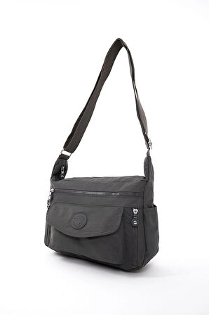 Kadın Suya Dayanıklı Krinkıl Kumaş Çok Gözlü Ayarlanabilir Çapraz Askılı Koyu Gri Omuz Çantası