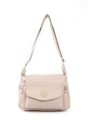 Kadın Suya Dayanıklı Krinkıl Kumaş Çok Gözlü Ayarlanabilir Çapraz Askılı Krem Renkli Omuz Çantası