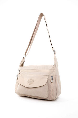 Kadın Suya Dayanıklı Krinkıl Kumaş Çok Gözlü Ayarlanabilir Çapraz Askılı Krem Renkli Omuz Çantası