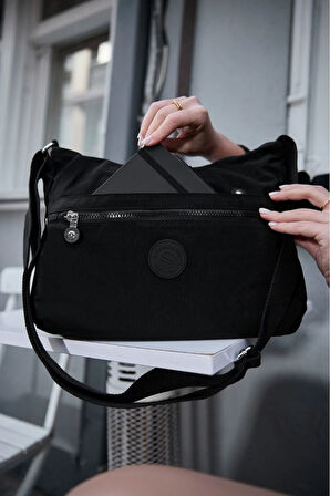 Kadın Suya Dayanıklı Kumaş 5 Gözlü Çapraz Askılı Siyah Okul Seyahat Ve Omuz Çantası