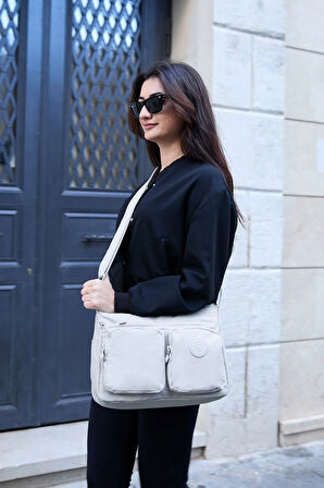 Kadın Suya Dayanıklı Paraşüt Kumaş Çok Gözlü Ayarlanabilir Açık Gri Çapraz Askılı Omuz Çantası