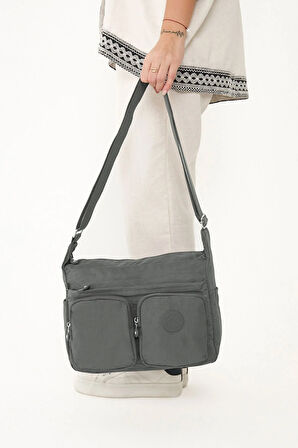 Kadın Suya Dayanıklı Paraşüt Kumaş Çok Gözlü Ayarlanabilir Koyu Gri Çapraz Askılı Omuz Çantası