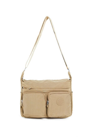 Kadın Suya Dayanıklı Paraşüt Kumaş Çok Gözlü Ayarlanabilir Bej Çapraz Askılı Omuz Çantası