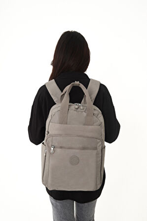 Unisex Suya Dayanıklı Orta Boy Krinkıl Kumaş Çok Gözlü  Vizon Laptop Okul Ve Seyahat Sırt Çantası