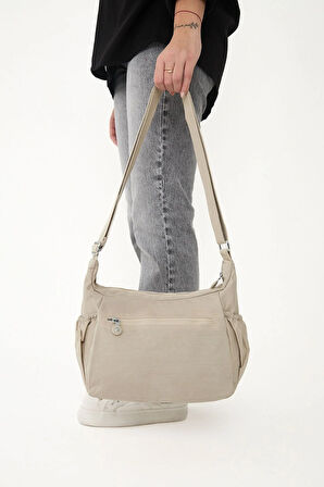 Kadın Suya Dayanıklı Kumaş 5 Gözlü Çapraz Askılı Krem Seyahat Ve Omuz Çantası