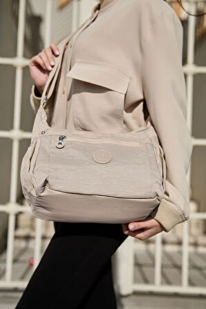 Kadın Suya Dayanıklı Kumaş 5 Gözlü Çapraz Askılı Krem Seyahat Ve Omuz Çantası