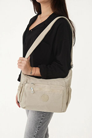 Kadın Suya Dayanıklı Kumaş 5 Gözlü Çapraz Askılı Krem Seyahat Ve Omuz Çantası