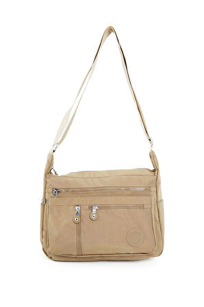 Kadın Orta Boy 7 Bölmeli Suya Dayanıklı Krinkıl Kumaş Bej Çapraz Askılı Omuz Çantası