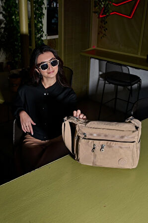 Kadın Orta Boy 7 Bölmeli Suya Dayanıklı Krinkıl Kumaş Bej Çapraz Askılı Omuz Çantası