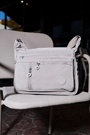 Kadın Orta Boy 7 Bölmeli Suya Dayanıklı Krinkıl Kumaş Vizon Çapraz Askılı Omuz Çantası