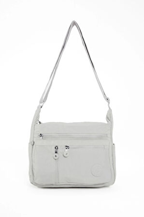 Kadın Orta Boy 7 Bölmeli Suya Dayanıklı Krinkıl Kumaş Açık Gri Çapraz Askılı Omuz Çantası