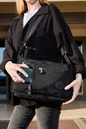 Kadın Orta Boy 7 Bölmeli Suya Dayanıklı Krinkıl Kumaş Siyah Çapraz Askılı Omuz Çantası