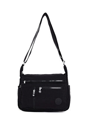 Kadın Orta Boy 7 Bölmeli Suya Dayanıklı Krinkıl Kumaş Siyah Çapraz Askılı Omuz Çantası