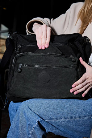 Kadın 7 Bölmeli Krinkıl Kumaş Suya Dayanıklı Siyah Omuz Ve Sırt Çantası