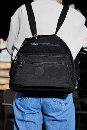 Kadın 7 Bölmeli Krinkıl Kumaş Suya Dayanıklı Siyah Omuz Ve Sırt Çantası