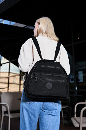 Kadın 7 Bölmeli Krinkıl Kumaş Suya Dayanıklı Siyah Omuz Ve Sırt Çantası