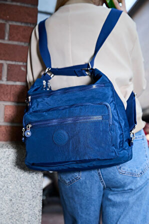 Kadın 7 Bölmeli Krinkıl Kumaş Suya Dayanıklı Lacivert Omuz Ve Sırt Çantası