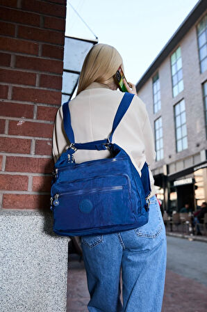 Kadın 7 Bölmeli Krinkıl Kumaş Suya Dayanıklı Lacivert Omuz Ve Sırt Çantası