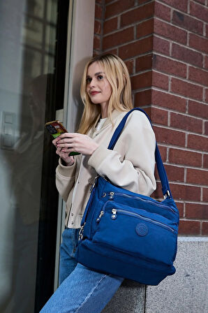 Kadın 7 Bölmeli Krinkıl Kumaş Suya Dayanıklı Lacivert Omuz Ve Sırt Çantası