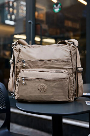 Kadın 7 Bölmeli Krinkıl Kumaş Suya Dayanıklı Bej Omuz Ve Sırt Çantası