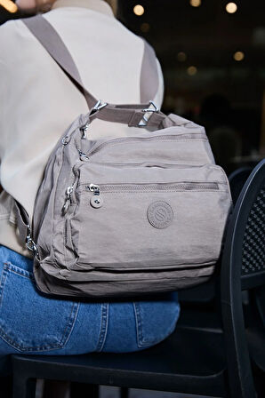 Kadın 7 Bölmeli Krinkıl Kumaş Suya Dayanıklı Vizon Omuz Ve Sırt Çantası