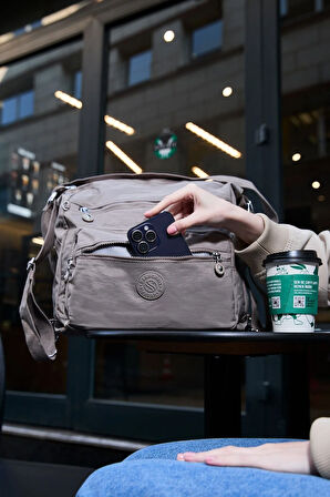 Kadın 7 Bölmeli Krinkıl Kumaş Suya Dayanıklı Vizon Omuz Ve Sırt Çantası