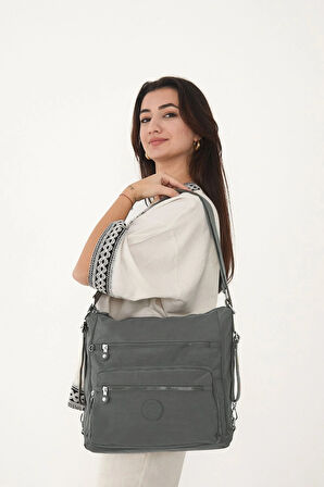 Kadın 7 Bölmeli Krinkıl Kumaş Suya Dayanıklı Koyu Gri Omuz Ve Sırt Çantası