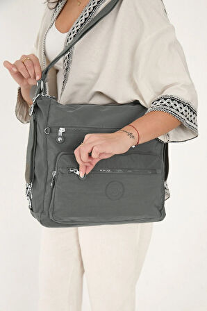 Kadın 7 Bölmeli Krinkıl Kumaş Suya Dayanıklı Koyu Gri Omuz Ve Sırt Çantası