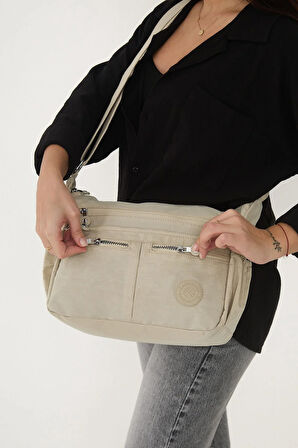 Kadın Suya Dayanıklı Krinkıl Kumaş Çok Gözlü Ayarlanabilir Krem Renk Çapraz Askılı Omuz Çantası