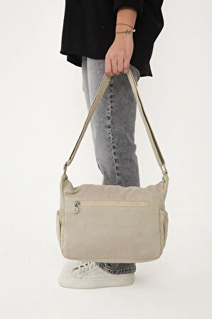 Kadın Suya Dayanıklı Krinkıl Kumaş Çok Gözlü Ayarlanabilir Krem Renk Çapraz Askılı Omuz Çantası