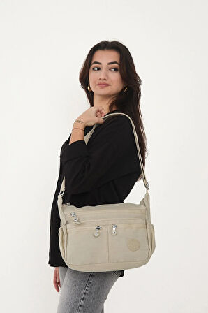 Kadın Suya Dayanıklı Krinkıl Kumaş Çok Gözlü Ayarlanabilir Krem Renk Çapraz Askılı Omuz Çantası