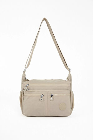 Kadın Suya Dayanıklı Krinkıl Kumaş Çok Gözlü Ayarlanabilir Krem Renk Çapraz Askılı Omuz Çantası