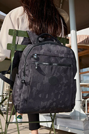 Unisex Suya Dayanıklı Krinkıl Kumaş Çok Gözlü Siyah Desenli Laptop Okul Ve Sırt Çantası