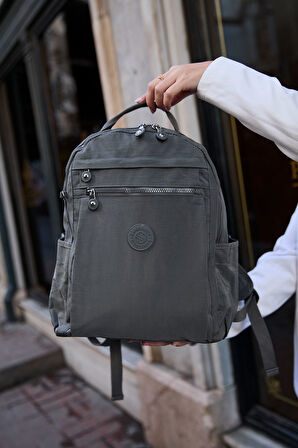 Unisex Suya Dayanıklı Krinkıl Kumaş Çok Gözlü Koyu Gri Laptop Okul Ve Sırt Çantası
