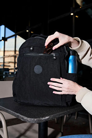 Unisex Suya Dayanıklı Krinkıl Kumaş Çok Gözlü Siyah Laptop Okul Ve Sırt Çantası