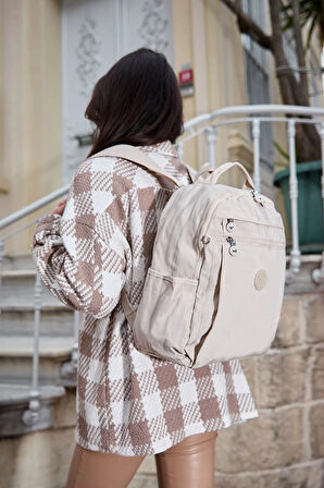 Unisex Suya Dayanıklı Krinkıl Kumaş Çok Gözlü Krem Laptop Okul Ve Sırt Çantası