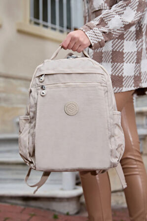 Unisex Suya Dayanıklı Krinkıl Kumaş Çok Gözlü Krem Laptop Okul Ve Sırt Çantası