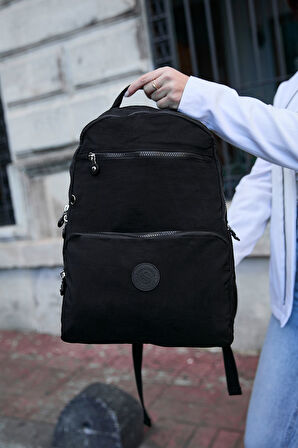 Unisex Suya Dayanıklı Orta Boy Krinkıl Kumaş Çok Gözlü Siyah Laptop Okul Ve Seyahat Sırt Çantası