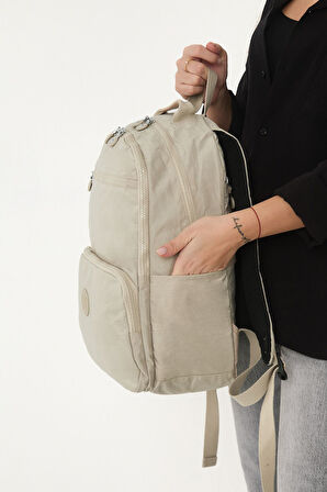 Unisex Suya Dayanıklı Orta Boy Krinkıl Kumaş Çok Gözlü Krem Laptop Okul Ve Seyahat Sırt Çantası