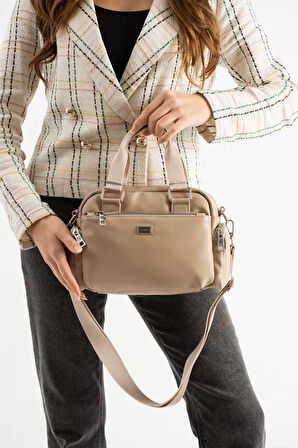 Kadın Çok Gözlü Kum Mat Ayarlanbilir Çapraz Askılı El ve  Omuz Çantası S-1422